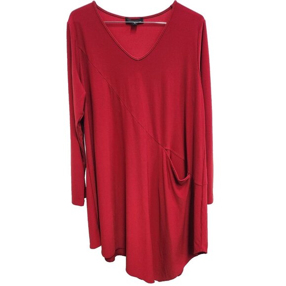 Sun Kim Womens Lagenlook Tunic Top Large Red Pointed Hem V-Neck Pocket Casual - Picture 1 of 8